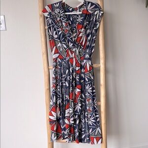 Tory Burch Acoma Pottery Pattern 100% Silk Navy Multi Color Wrap Midi Dress Sz4